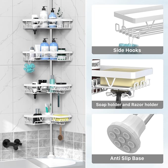 DAOYA Corner Shower Caddy Tension Pole 4 Tier Shower Caddy Organizer White | WIth 28 Hook/2 Soap Dish/ 2 Razor Holder, Rustproof, For Bathtub/Bathroom, Floor to Ceiling 25-114 Inch, Simple Install