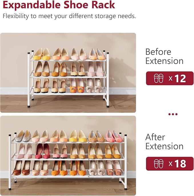 Expandable Shoe Rack for Closet 3 Tier, 28“-41“Stackable, White | Adjustable Shoe Organizer Closet Shoe Rack Floor, Metal Shoe Shelf Storage for Entryway, Closet, Garage, Front Door Entrance