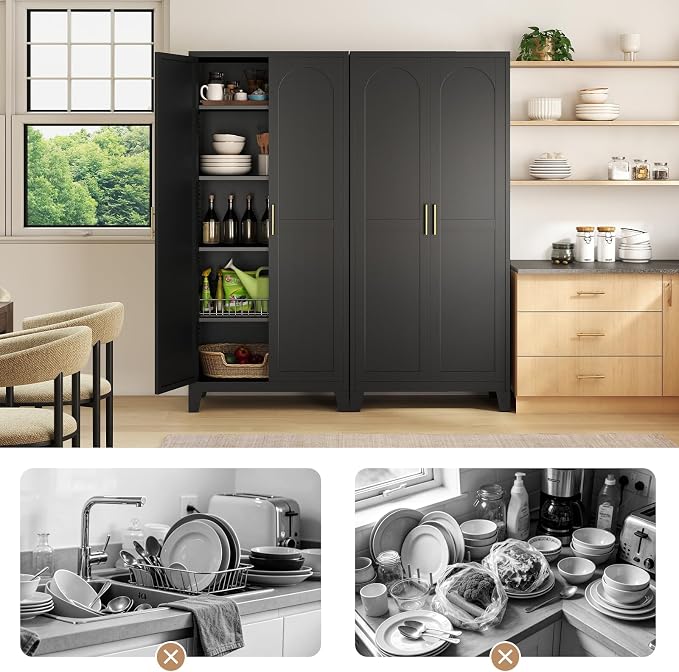 Zevemomo 71" Metal Pantry Cabinet, Tall Metal Storage Cabinet for Kitchen | Steel Cabinet with 2 Doors and 4 Adjustable Shelves, Freestanding Cupboard for Kitchen, Bathroom, Dinning Room or Laundry