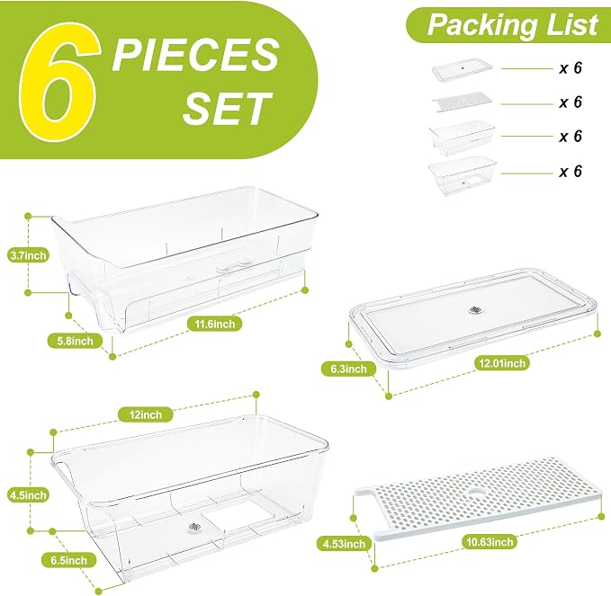 6-Pack Fridge Drawer Organizer, Pull-out Stackable Refrigerator Organizers and Storage, Clear Fruit Storage Containers Bins with Drain Tray for Kitchen Cabinet, Pantry Organization
