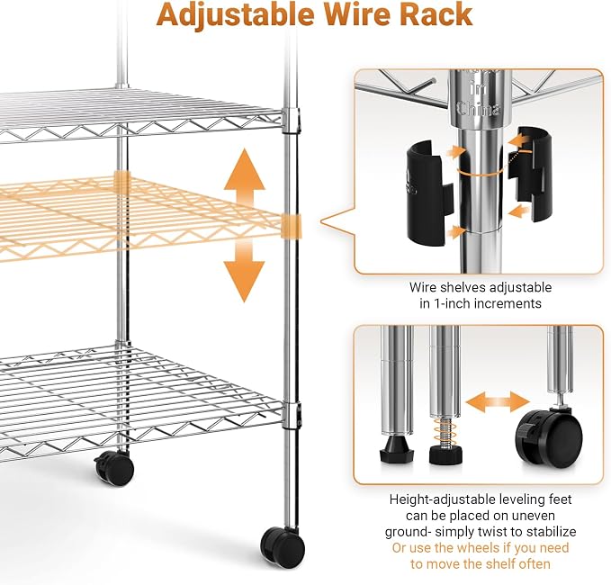 Simple Deluxe Heavy Duty 4-Tier Shelving with Wheels, 35.43" W x 17.72" D x 61.02" H Adjustable Steel Organizer Wire Rack, 1400 Lbs Loading Capacity, Chrome