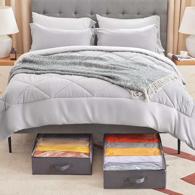 Lifewit 4 Pack UnderBed Storage Bags with Lid, Clothes Storage Boxes Foldable Under bed Storage Organizer with Reinforced Handle Thick Fabric Clear Window for Clothes Blankets Shoes, 65L, Grey