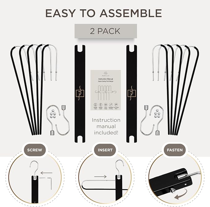 MORALVE Pants Hangers Space Saving - 2 Pack European Beechwood Scarf and Jean Hangers - Closet Organizer and Space Saver Pant Rack, Leggings Hanger, and Scarf Holder with 360° Swivel Hook