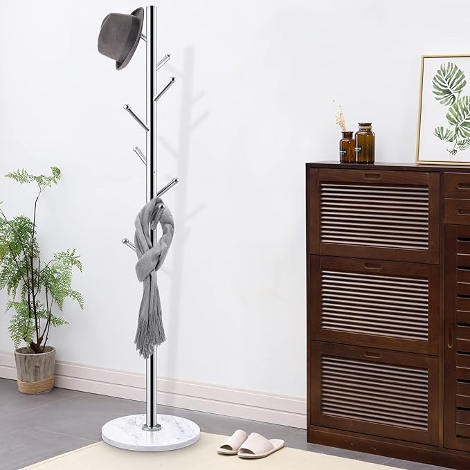 Homde Metal Coat Rack Stand: Natural Marble Base with 8 Hooks (Silver) | Stainless Steel Freestanding Clothes Tree Hanger for Coat Jackets Hat Scarves Handbags - Hall Hanger for Entryway Bedroom