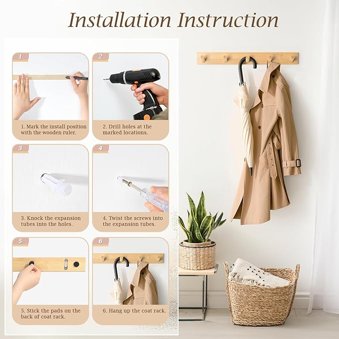 Coat Rack Wall Mount, Wooden Coat Hanger, Natural, 1 Pcs | Heavy Duty, 5 Sturdy Rounded Hooks, Bamboo Wood Material, for Entryway, Doorway, Living Room, Kid's room, Living Room, Closet