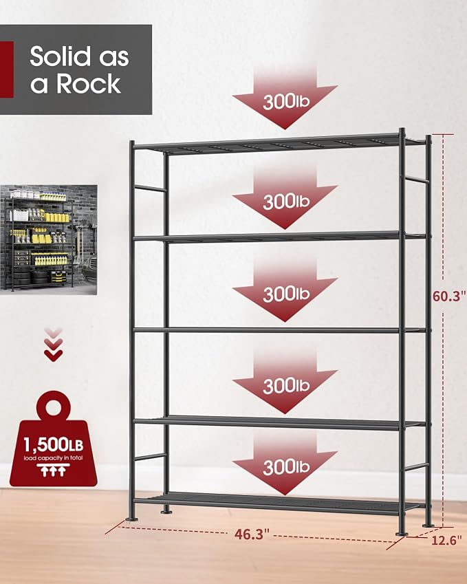Sakugi Storage Shelves - 5 Tier Shelf Organizer, Heavy Duty Garage Shelving Unit with Leveling Feet, Stable Metal Shelves Organizer for Pantry, Kitchen and Closet, 46.3" W x 12.6" D x 60.3" H, Black