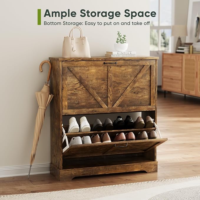 Smart FENDEE Shoe Cabinet, Shoe Storage Cabinet for Entryway with 2 Flip Drawers, Narrow Farmhouse Shoe Organizer Cabinet, Slim Shoe Rack Cabinet, 31.5 in Rustic Brown