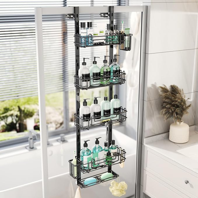 HapiRm 5 Tier Over the Door Shower Caddy, Hanging Shower Caddy with 28 Hooks and 2 Toothbrush Holders, No Drilling Adjustable Hanging Bathroom Organizer - Black