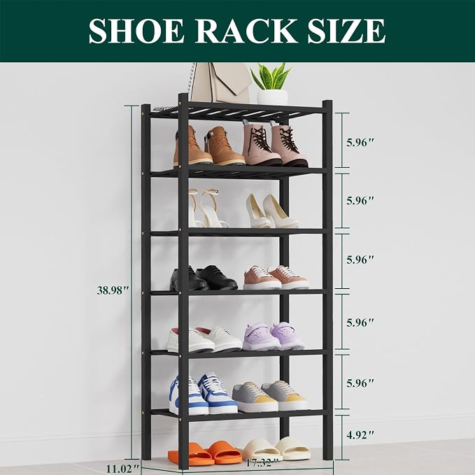 Smiry Bamboo Shoe Rack, 14 Vertical Slats, 6 Tier - 17.3" Wide, Black | Stackable Free Standing Wooden Shoe Organizer, Wood Shoe Storage Shelf for Closet, Entryway, Thicher Leg