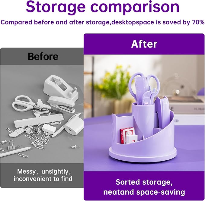 deli Office Supplies Set, Desk Accessory Organizer Kit, Purple | Stationary Set, Desk Supplies with Rotating Multi-Functional Pen Holder &Stapler Set for Office, School, Home