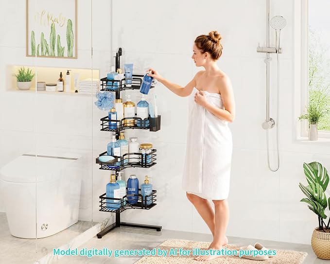 HapiRm Corner Shower Caddy Stand - 4-Tier Adjustable Shower Shelves, Black | Rustproof Stainless Steel, 4 Hooks, Soap and Toothbrush Holders, Large Capacity Shower Organizer for Tall Bottles, No-drill