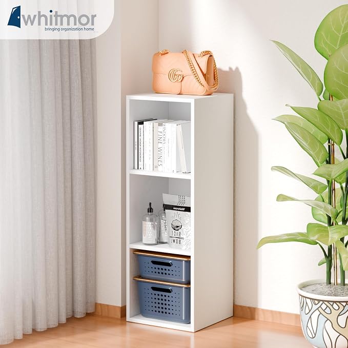 Whitmor 3 Cube Storage Organizer, Small Bookshelf, 3 Cube Shelf Book Shelf with Open Shelves for Room Decor, Stackable MDF Wood Cube Shelf Bookcase Storage Cabinet, White, 12.2" L x 11.7" W x 35.6" H