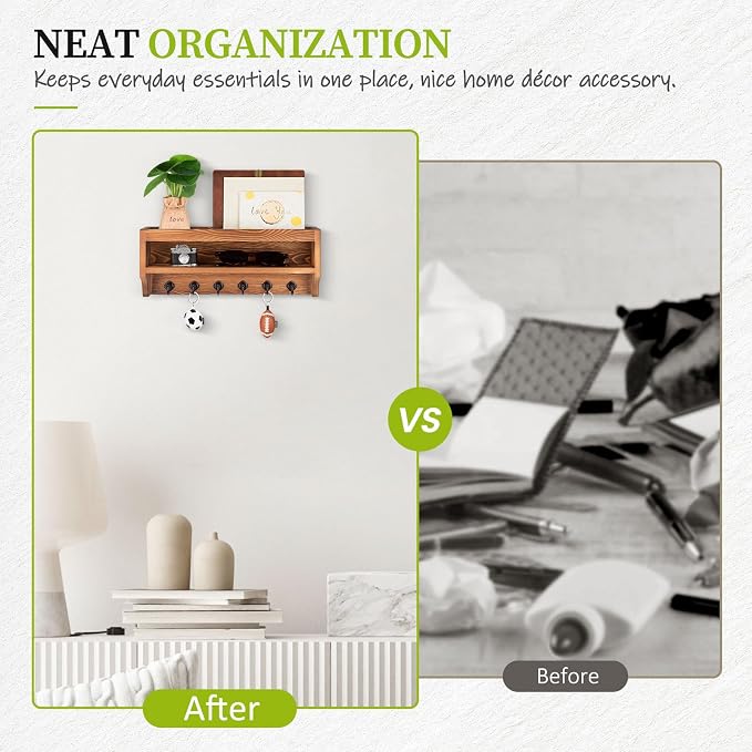 Nekon Key Holder Wall Mount, 12.8" W x 5.6" H x 3.7" D Wall Mounted Key and Mail Organizer with 6 Key Hooks, Key Racks for Home Entryway Decor (Light Brown)