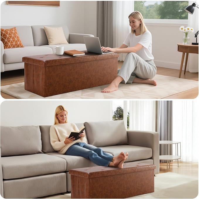 DUMOS 43 Inch Folding Ottoman with Storage Bench, Foot Rest Stool Ottoman | Upholstered End of Bed Storage Bench, Storage Ottoman Loads 660 Lbs for Bedroom, Living Room, Synthetic Leather, Brown