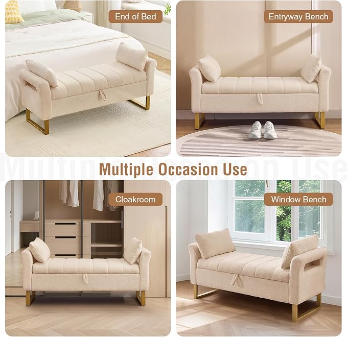 52" Storage Bench for Bedroom Upholstered End of Bed Bench Queen Size Beige | Bedroom Benches for Foot of Bed Queen with Gold Legs,2 Pillows,Teddy Storage Ottoman Bench for Bedroom,Entryway,Cloakroom