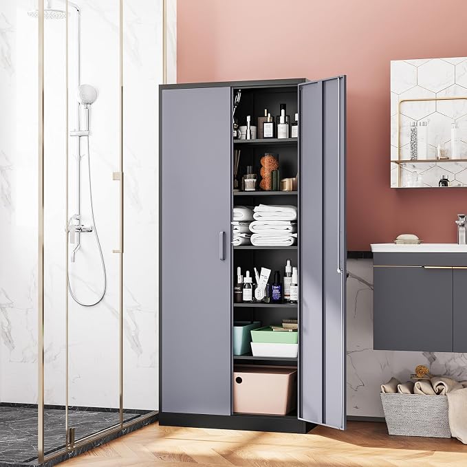 Fesbos Metal Storage Cabinet-72” Tall Steel File Cabinets with Lockable Doors and 5 Adjustable Shelves-Black&Gray Steel Storage Cabinet for Home, School, Office, Garage