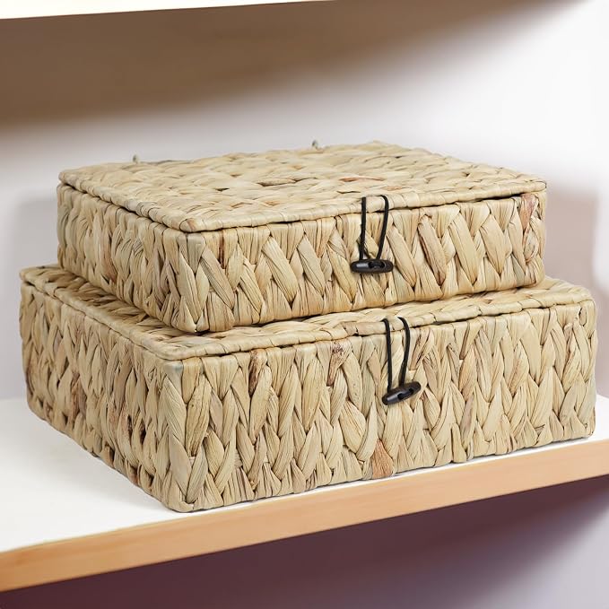 Water Hyacinth Wicker Storage Basket with Lid, Large | Rectangular Woven Box, Shelf Organizer Bin, Multipurpose Home Storage, Decorative Basket, Natural Decor