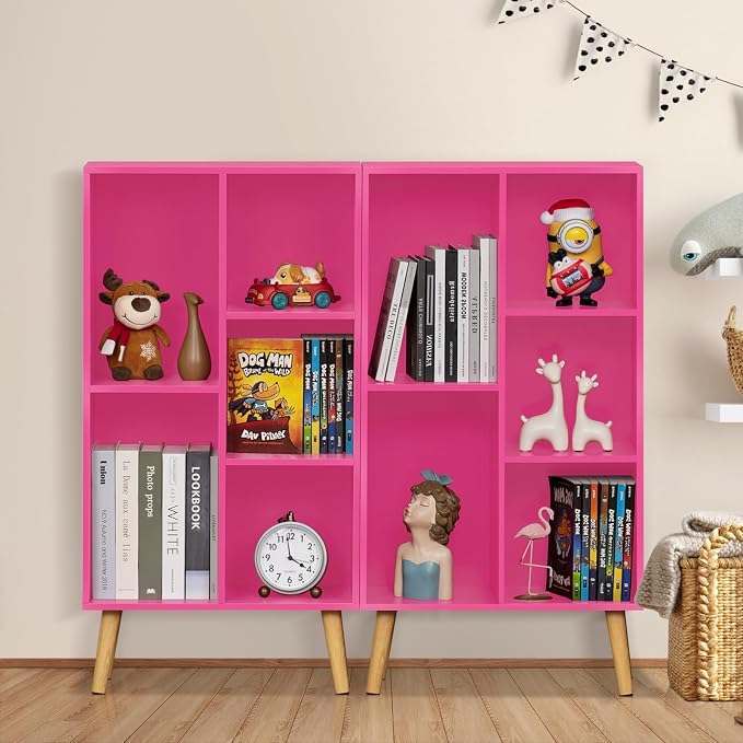 LEYAOYAO 5 Cube Bookshelf, Mid-Century Modern Book Shelf with Legs, Pink | 3 Tier Bookcase, Rustic Wood Bookshelves Freestanding Small Storage Organizer, Open Shelves for Bedroom, Living Room, Office