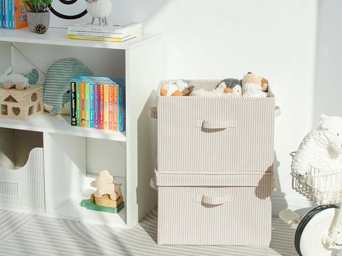 StorageWorks Fabric Storage Bins with Lid, Decorative Storage Boxes for Shelves, Stackable Closet Organizer Basket with Handles, Jumbo, Khaki and Beige Stripes, 2-Pack | Flip-Top Lid, 3 Handles, Collapsible, Stackable, for Clothes Blankets, Multi-Purpo...