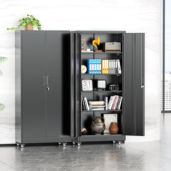 INTERGREAT73 Garage Storage Cabinet with Wheels, Rolling Metal Storage Cabinet with Locking Doors and 4 Adjustable Shelves,- 73" Steel Tool Cabinet for Home Office,Garage,Warehouse,Black