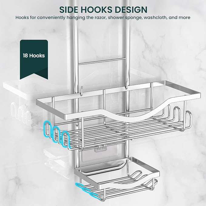 Shower Caddy Hanging Adjustable Shower Caddy, Rustproof Shower Organizer Extended Length Showers Caddy Over Shower Head with Hooks Soap Holder, Large Capacity Anti-Swing Bathroom Organizer, Silver | Rustproof Shower Organizer, Extra Long, No Drilling, ...