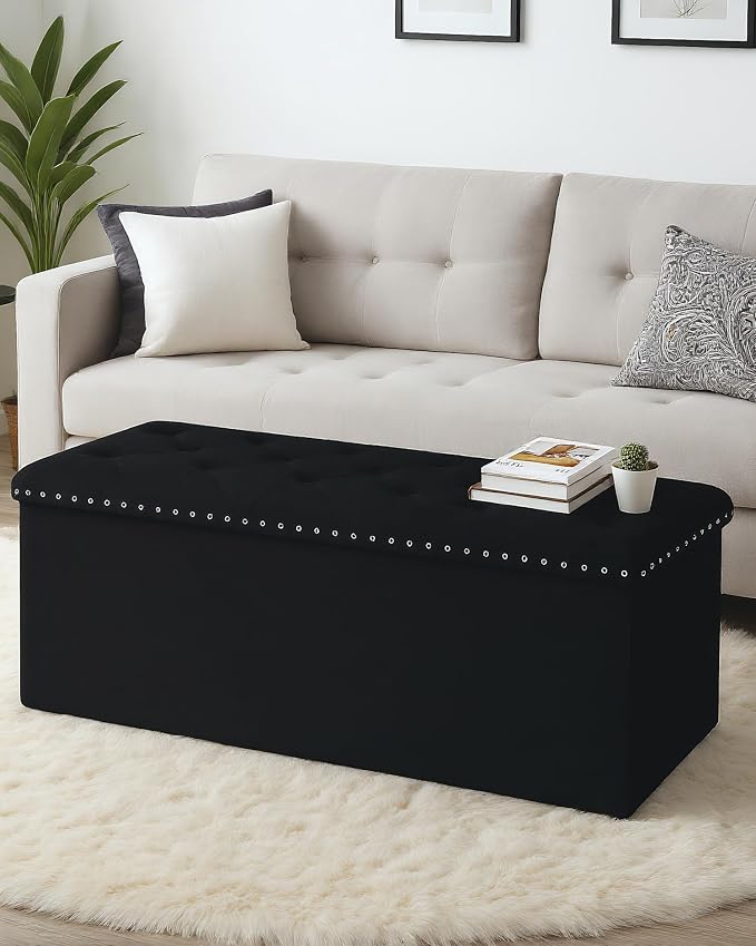 Velvet Storage Ottoman Bench, 43.3" Upholstered Tufted Ottoman with Storage, Folding Footrest Bench for Bedroom, Living Room, or Entryway, Black