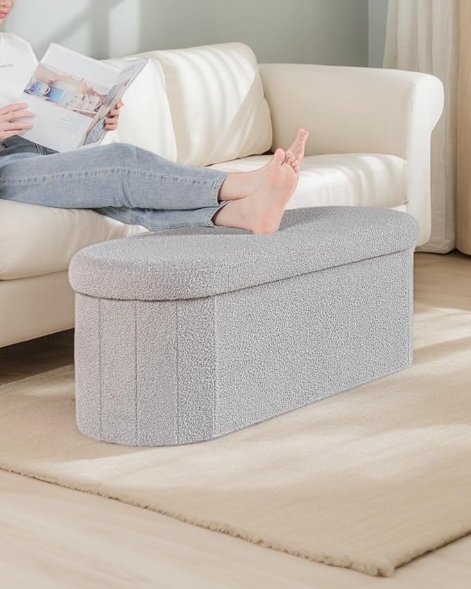 43.3 Inches Foldable Storage Ottoman Bench, Oval Footrest | Teddy Boucle Fabric, Hidden Storage, Soft Padded Seat, End Of Bed Bench For Bedroom, Living Room and Entryway, Grey