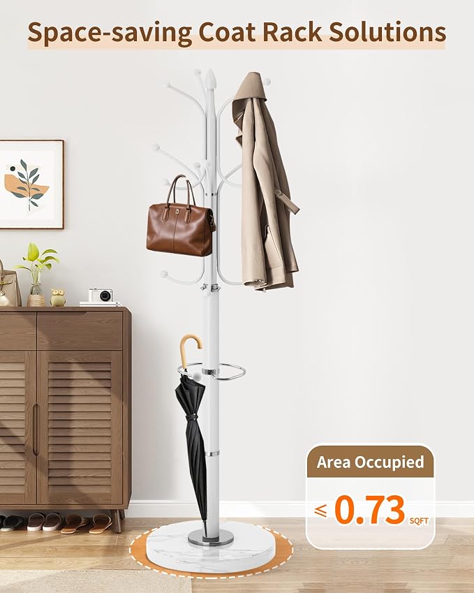 Modern Coat Rack Stand, Metal Freestanding Coat Rack with Natural Marble Base, Heavy-Duty Coat Racks with Umbrella Holder,White Coat Hanger Stand with 12 Hooks for Office, Entryway, Hallway