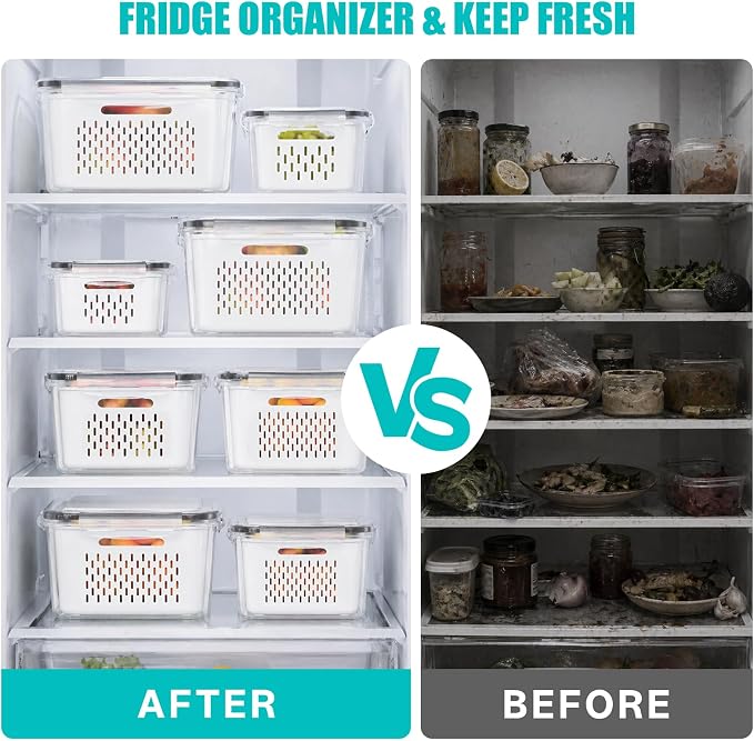 HOMETALL 8 Pack Fruit Storage Containers for Fridge with Strainer, BPA Free Fruit Cleaning Bowl Fridge Organizer, Plastic Fresh Keeper Set Refrigerator Organizer for Salad Berry Produce