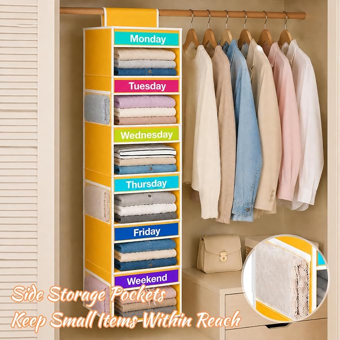 Weekly Clothes Organizer for Closet, 6-Shelf Hanging Closet Organizer with 6 Side Pockets(Yellow)