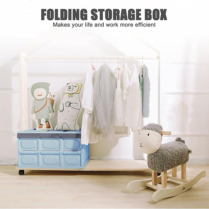 Lidded Storage Bins 2 Pack 30L Collapsible Storage Box Crates Plastic Tote Storage Box Container Stackable Folding Utility Crates for Clothes, Toy, Books ,Snack, Shoe, and Grocery Storage Bin-Blue