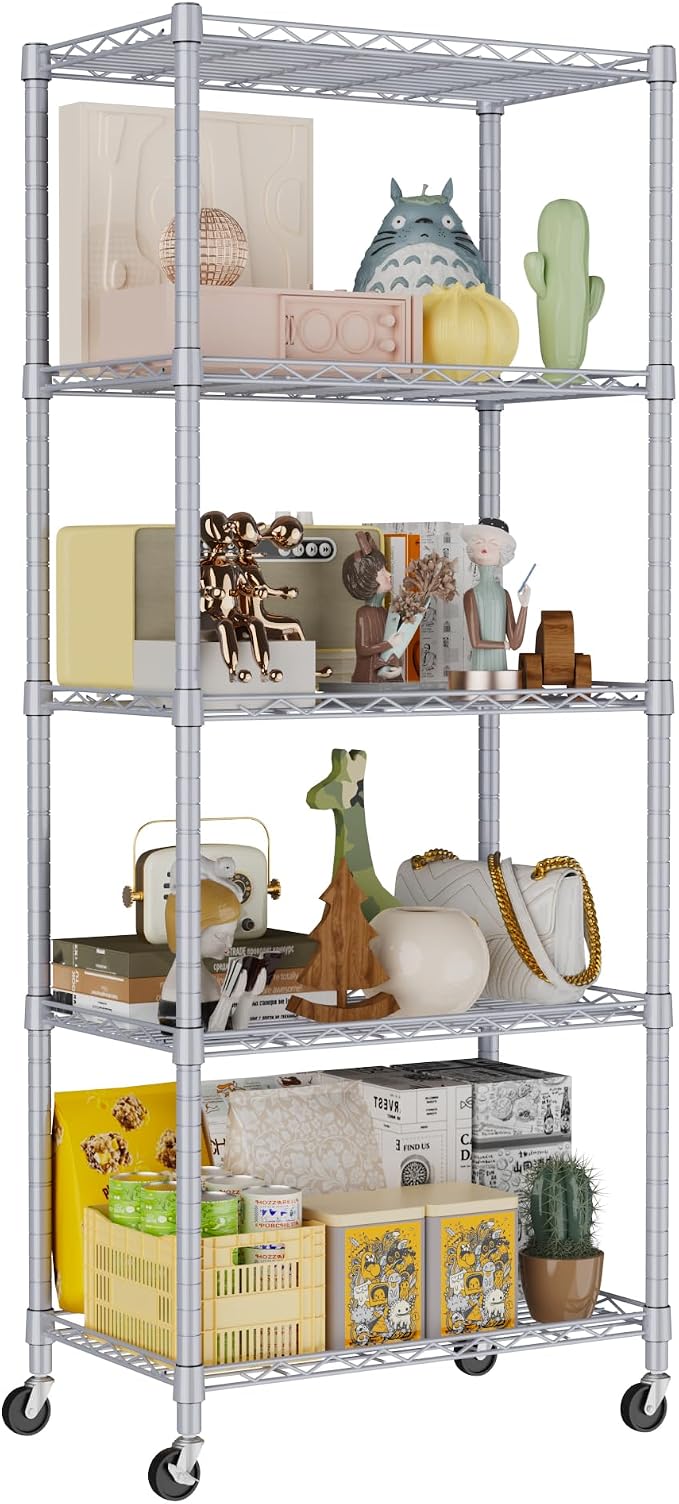 REGILLER 5-Wire Shelving Metal Storage Rack Adjustable Shelves,Standing Storage Shelf Units for Laundry Bathroom Kitchen Pantry Closet(Silver,11.8" D x 21.2" W x 55" H,With Wheels)