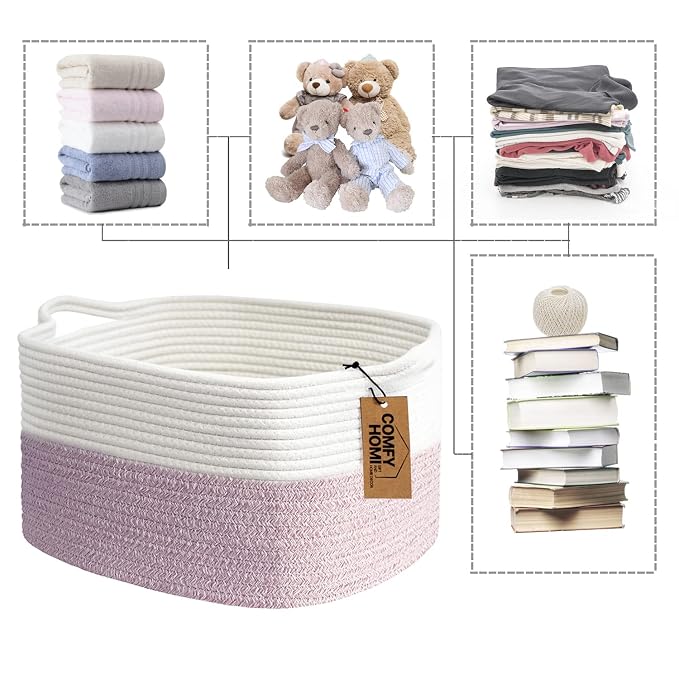 COMFY-HOMI Cotton Rope Woven Basket with Handles for Shelves,Toys,Book, Cloth Storage Baskets Bin for Organizing- 1 PCSToy Decorative Organizer for Living Room, Bathroom