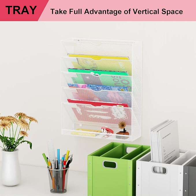 Hanging Wall File Organizer 6 Tier Wall Mounted File Holder Document Wall Organizer Magazine Organization for Office Home, White