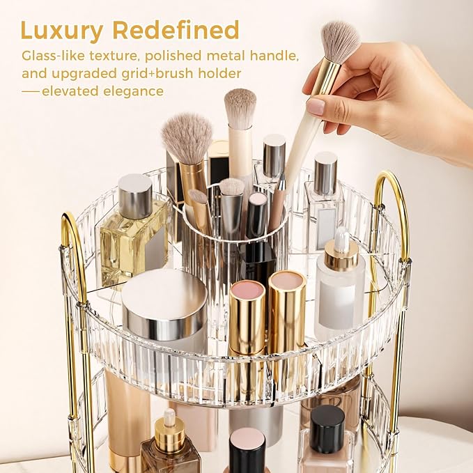 360° Rotating Makeup Organizer, Large-Capacity Skincare Make Up Storage 2 Tier Perfume Organizers Cosmetic Dresser Organizer with Makeup Brush Holder, Fits Bedroom, Bathroom, Vanity Shelf Countertop