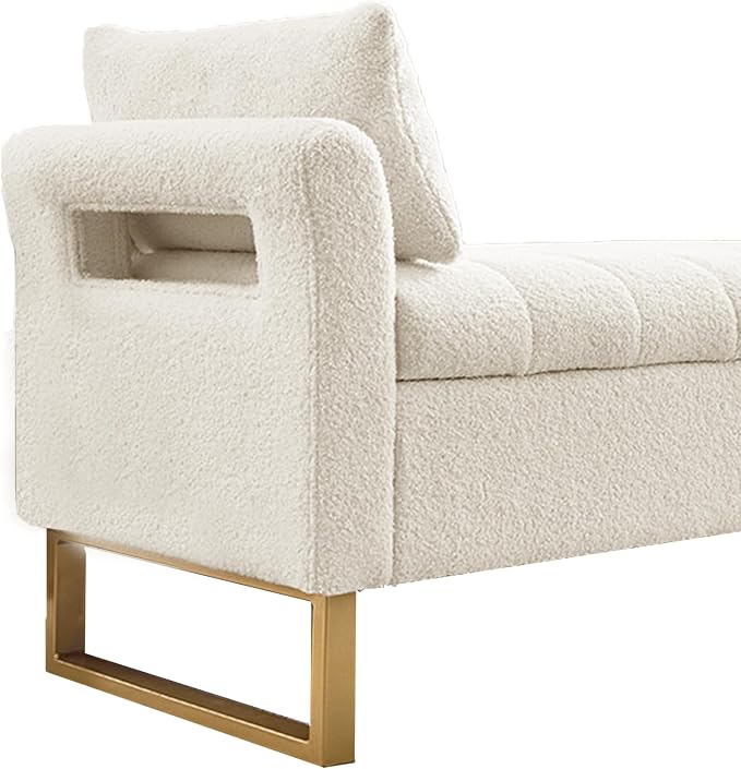 66" King Size Storage Bench for Bedroom End of Bed Benches with Storage | Bedroom Benches for Foot of Bed King with Gold Legs,2 Pillows,Storage Ottoman Bench for Bedroom,Entryway Teddy Ivory White