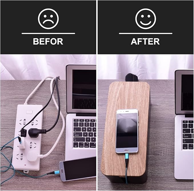 Tuwechen 3 Pack Cable Management Box, Cable Organizer Box to Hide Wires | Wooden Grain Desk Cord Organizer with 18-Piece Cable Management, Power Strips Holder, for Home & Office, Black
