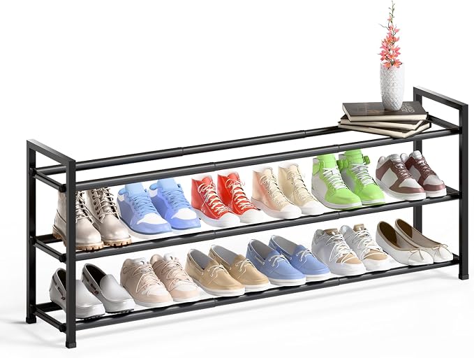 Bumusty 3 Tier Long Expandable Shoe Rack for Closet, Black | 18"-44" Adjustable Shoe Rack for Entryway, Shoe Organizer for Dorm, Front Door, Sturdy Metal
