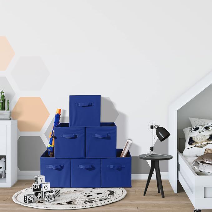 Sorbus Foldable Storage Cubes - 6 Fabric Baskets for Organizing Pantry, Closet, Shelf, Nursery, Playroom, Toy Box, Cubby -11 Inch Dual Handle Collapsible Closet Organizers and Storage Bins (Navy Blue)