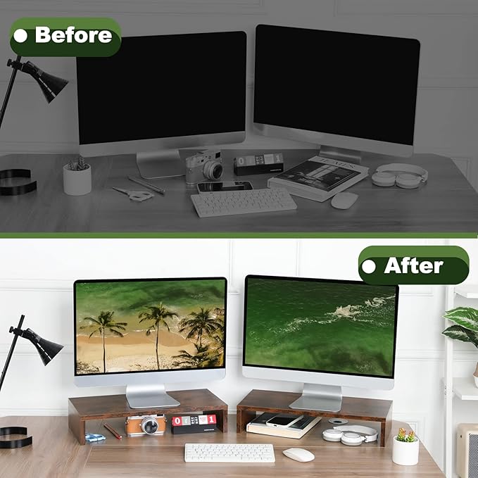 TEAMIX 2-Pack Monitor Stand Riser 20 inch, Wooden Tabletop Shelf, Brown | For 2 Monitors, Laptop, Printer, TV, PC Tower, Rustic Brown Monitor Riser with Storage, Computer Stand Ergonomic Design