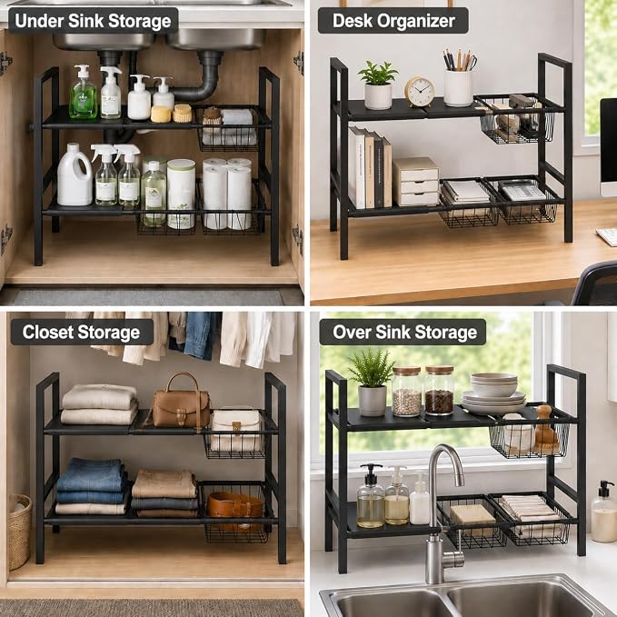 Expandable Under Sink Organizer, 2 Tier Under Sink Shelf, Height Adjustment, Under Sink Shelves with 3 Removable Baskets and 3 Removable Panels for Bathroom Kitchen Pantry Cabit black 21.65in