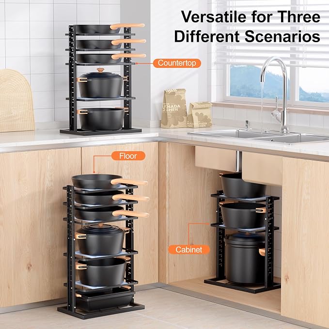 LAMU Pots and Pans Organizer for under Cabinet, 6-Tier Heavy Duty Pan Pot Organizers inside Cabinet Adjustable 14 to 24.57", Pot Rack Kitchen Cabinet Organization and Storage Holds up to 12" Cookware
