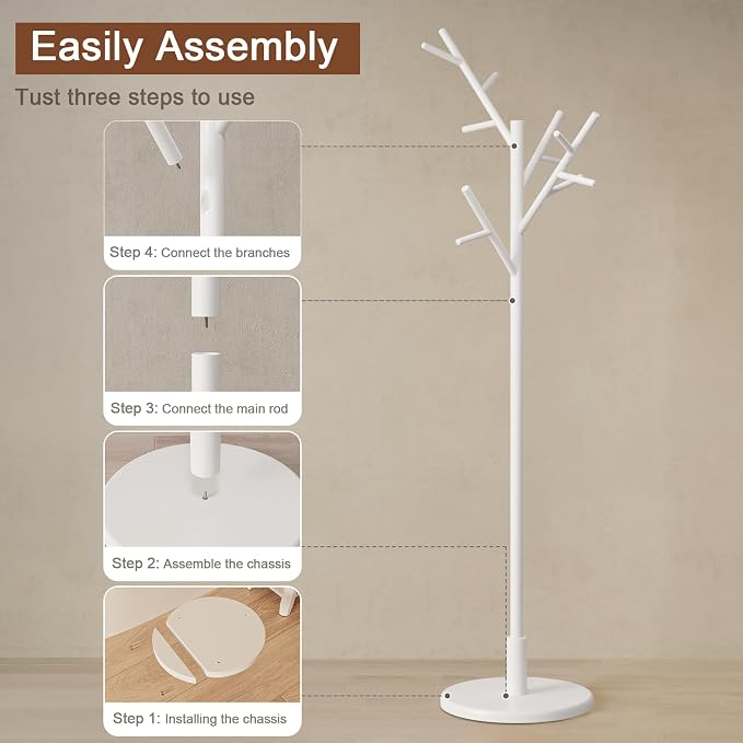 Coat Rack, Solid Wood Coat Rack Freestanding with 12 Hooks, Coat tree freestanding 3 Adjustable Heights for coat, Hats, Handbags,Coat Stand for Entryway,Bedroom (White)