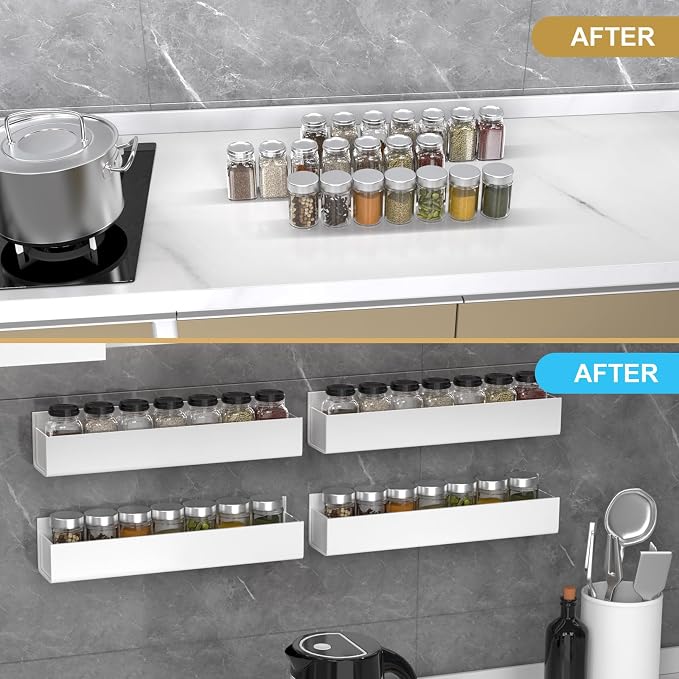 PMMASTO Adhesive Acrylic Spice Rack Organizer for Wall with Nano Double Sided Tape, Spice Shelf Organization for Kitchen Cabinet Door/Pantry Door, Wall Mount Seasoning Rack (White - 4 Pack)