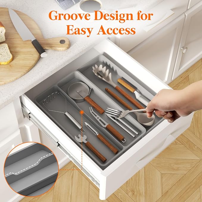 Lifewit Utensil Organizer for Kitchen Drawer, Expandable Cooking Silverware Tray, Adjustable Cutlery Flatware Holder, Plastic Spatula Tools Storage Divider, 14.4 x 15.8", Gray