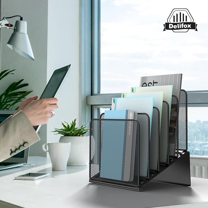 2 Pack Inclined 5-Section Desk File Organizer, Vertical File Folder Holder File Sorter Desktop Organization for Office Classroom
