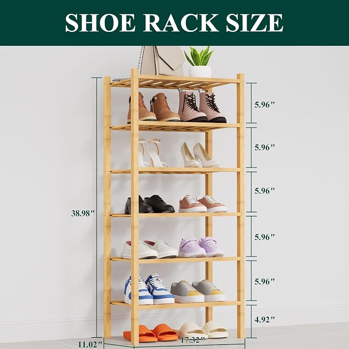 Smiry Bamboo Shoe Rack, 14 Vertical Slats, 6 Tier - 17.3" Wide, Natural | Stackable Free Standing Wooden Shoe Organizer, Wood Shoe Storage Shelf for Closet, Entryway, Thicher Leg