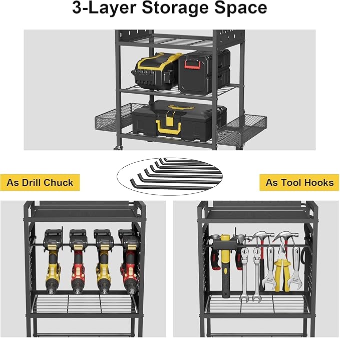 Power Tool Organizer Cart with Charging Station, Heavy Duty Garage Tool Organizer Rolling Tool Battery Storage with 8-Outlet Power Strip, a 4.9-FT Cord,4 Wheels, 2 Hanging Baskets,Hooks .Black