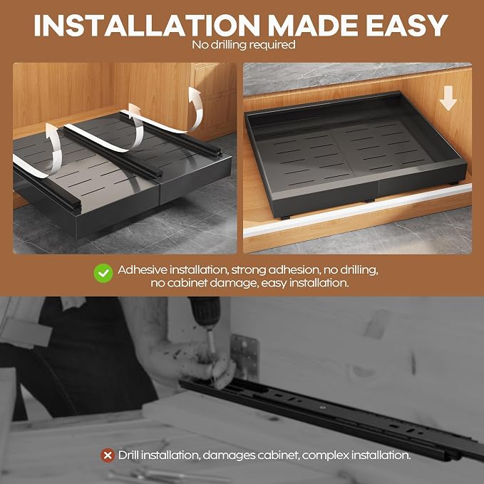 Seinloes 2 Pack Expandable Pull Out Cabinet Organizer 21"Deep With Raising Pad for Framed Cabinets,Upgrade 3 Slide Rails Slide Out Drawers,Roll Out Shelves Adhesive,Adjustable Width 15.15"-26.3" Black