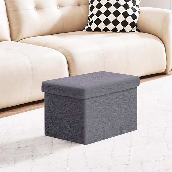 PINPLUS Storage Ottoman Cube Sherpa Ottoman Foot Rest,Small Foldable Portable Boucle Ottomans, Faux Teddy Fur, Grey 16.5"x12.6"x12.6"